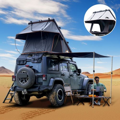 Roll over image to zoom in Adventurer Plus Rooftop Tent Hardshell with Side Awning, Air Conditioner Outlet with Bracket, &Replaceable Rain Flies Roll over image to zoom in Adventurer Plus Rooftop Tent Hardshell with Side Awning, Air Conditioner Outlet with Bracket, &Replaceable Rain Flies