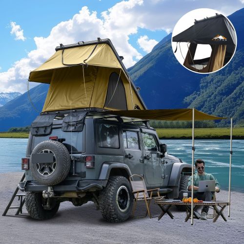 Roll over image to zoom in Adventurer Plus Rooftop Tent Hardshell with Side Awning, Air Conditioner Outlet with Bracket, &Replaceable Rain Flies Roll over image to zoom in Adventurer Plus Rooftop Tent Hardshell with Side Awning, Air Conditioner Outlet with Bracket, &Replaceable Rain Flies