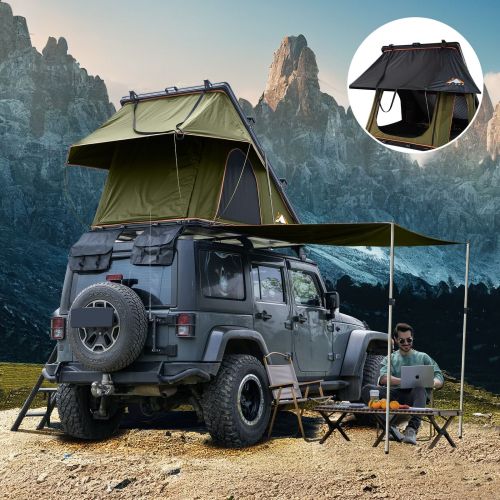 Roll over image to zoom in Adventurer Plus Rooftop Tent Hardshell with Side Awning, Air Conditioner Outlet with Bracket, &Replaceable Rain Flies Roll over image to zoom in Adventurer Plus Rooftop Tent Hardshell with Side Awning, Air Conditioner Outlet with Bracket, &Replaceable Rain Flies